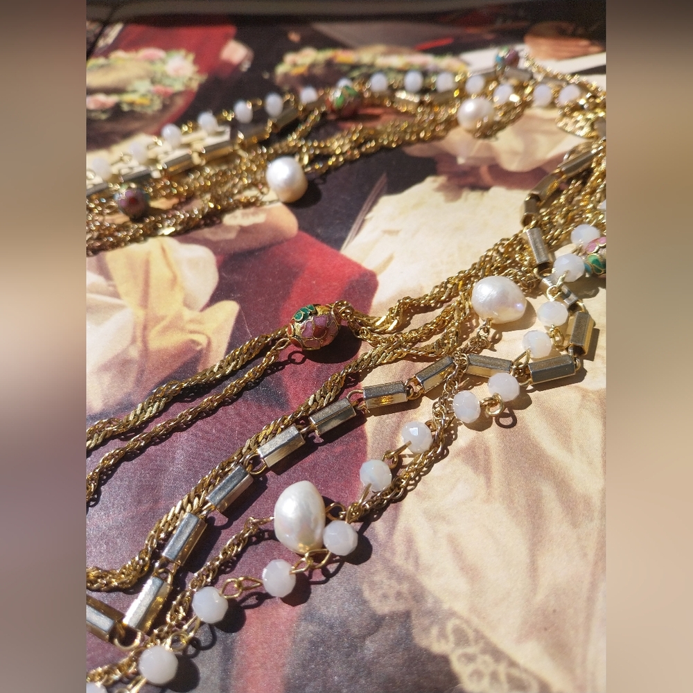 Multi-Layered Gold & Pearl Necklace - Picture 9 of 13